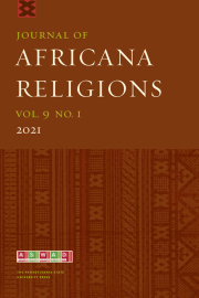 Cover of the Journal of Africana Religion which is a warm red brown colour with an african print in a deeper brown colour on the bottom half below the text